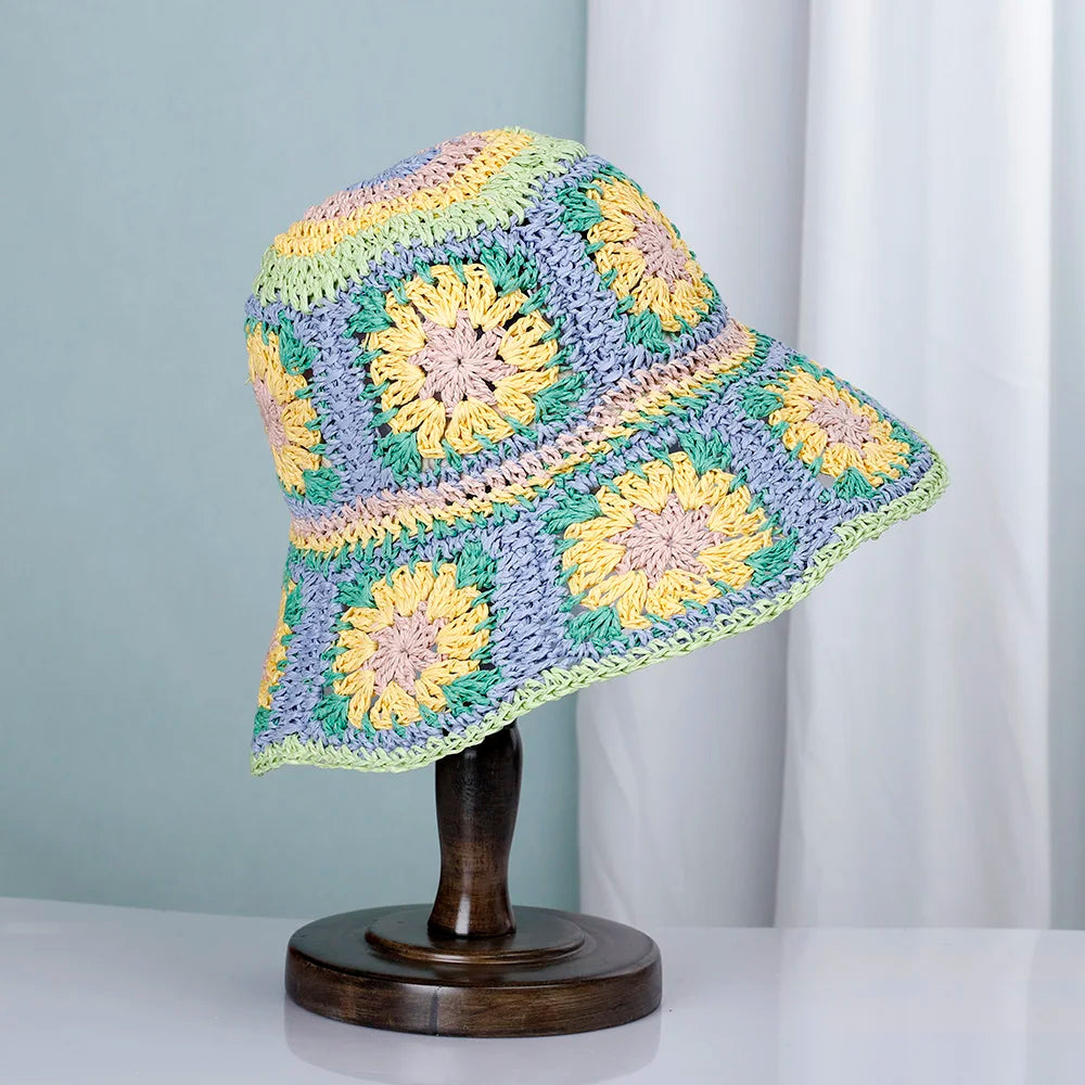 Womens Crochet Straw Foldable Summer Bucket Hat