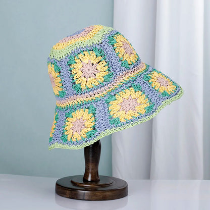 Womens Crochet Straw Foldable Summer Bucket Hat