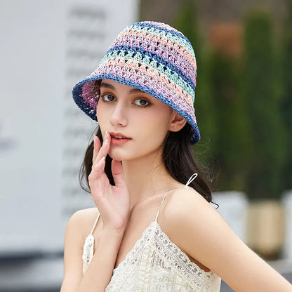 Womens Rainbow Straw Summer Bucket Hat