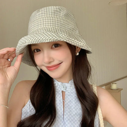 Korean Plaid Foldable Big Brim Summer Bucket Hat