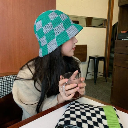 Korean Handmade Crochet Plaid Fisherman Bucket Hat