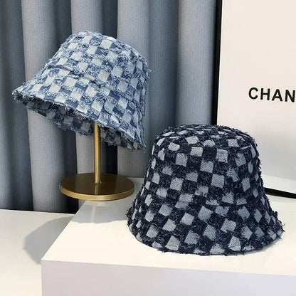 Women's Wide Brim Cotton Checked Sun Bucket Hat