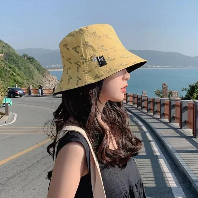 Reversible Korean Letter Print Summer Women Bucket Hat