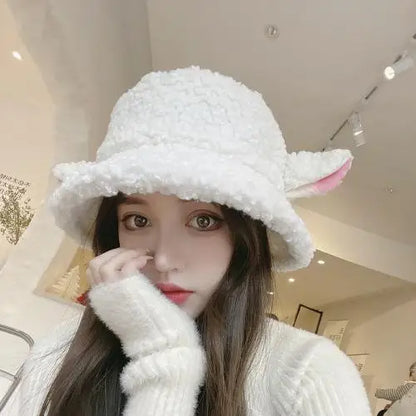 Vintage Winter Sheep Ear Plush Bucket Hat Women Warm Fisherman Cap