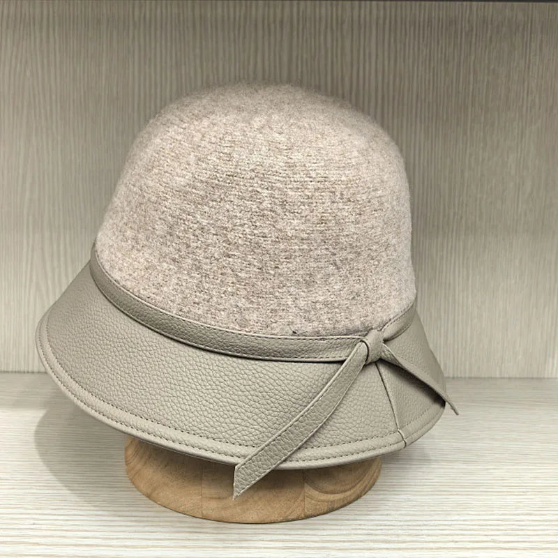 PU Leather Patchwork Wool Bucket Hat
