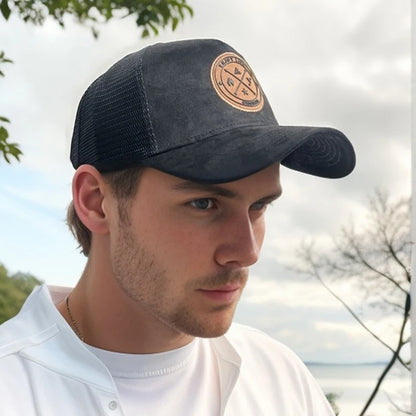 Circular Leather Mesh Trucker Snapback Cap