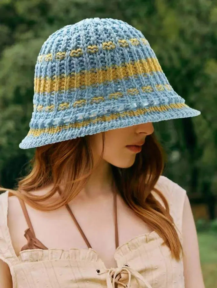 Two Tone Knitted Straw Summer Bucket Hat