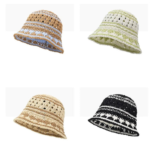 Color Blocked Woven Hollow Fisherman Bucket Hat