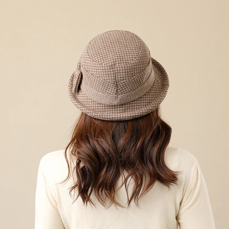 Women Houndstooth Bow Bucket Hat