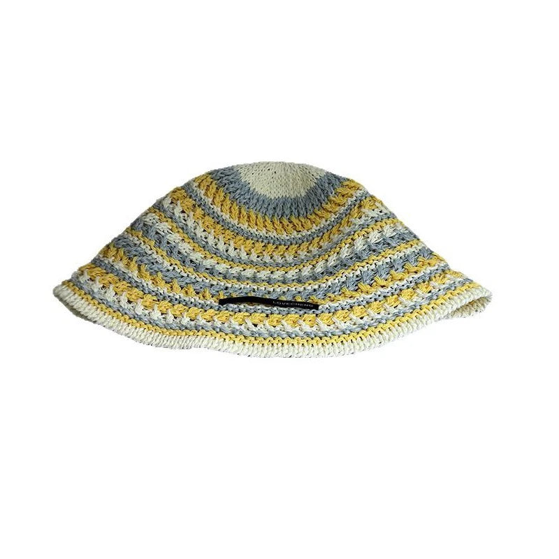 Womens Korean Knitted Stripe Hollow Bucket Hat