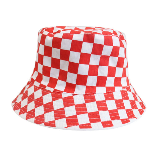 Unisex Red White Plaid Cotton Bucket Hat