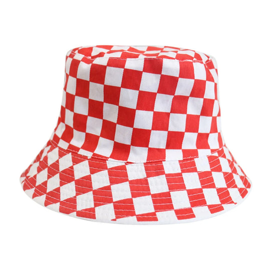 Unisex Red White Plaid Cotton Bucket Hat