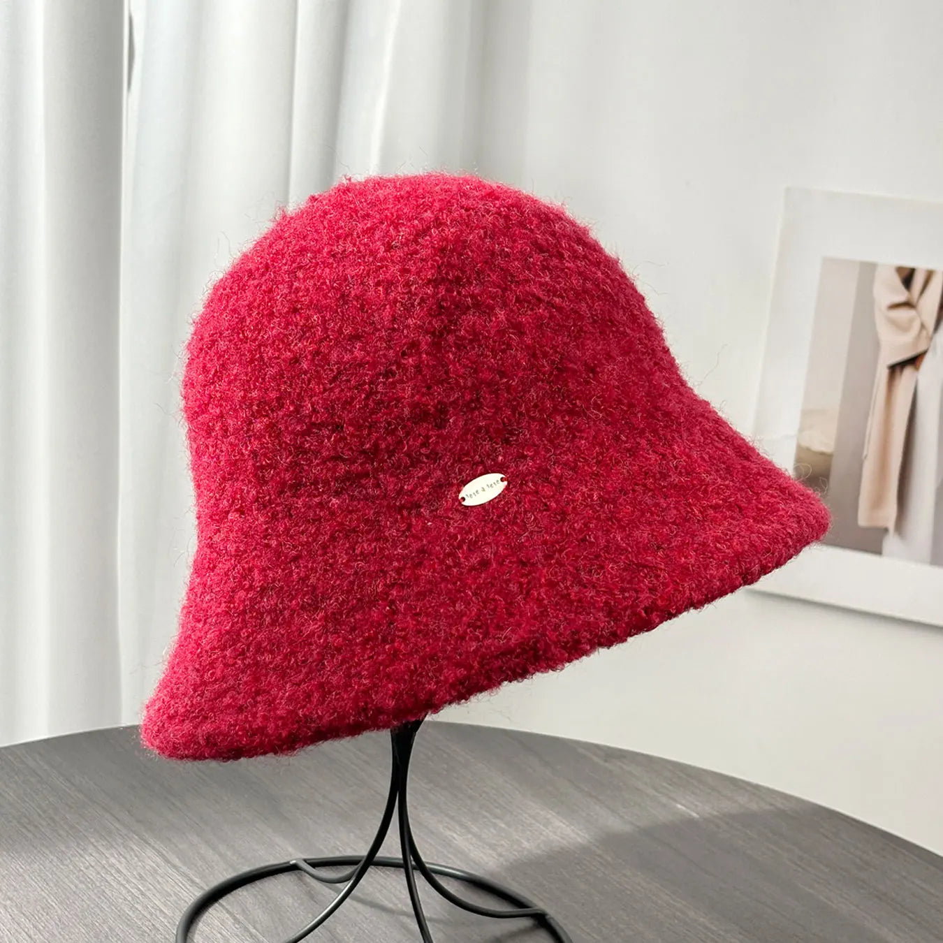 Woolen Letter Metal Logo Warm Bucket Hat