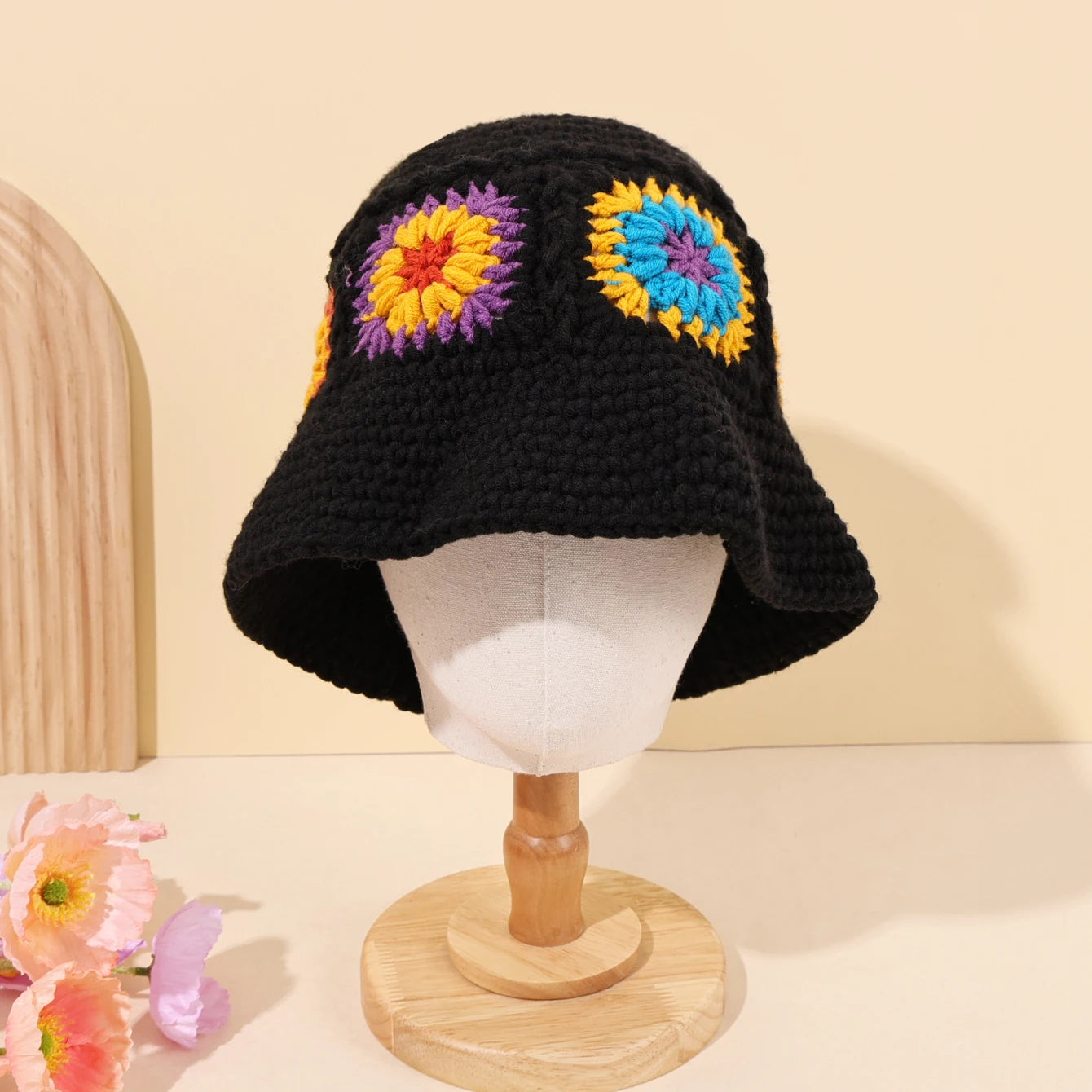 Retro Knitted Hollow Flower Winter Bucket Hat