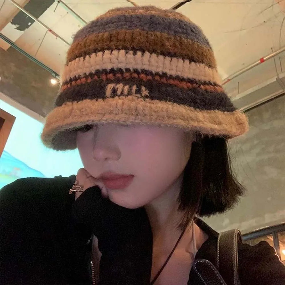 Korean Striped Warm Knitted Bucket Hat