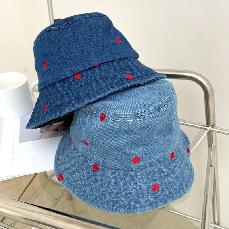 Women’s Embroidered Heart Denim Bucket Hat