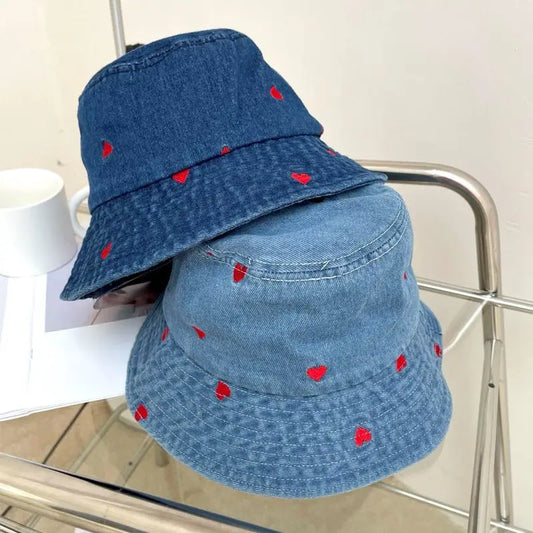 Women’s Embroidered Heart Denim Bucket Hat