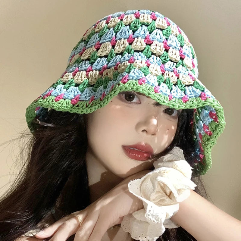 Colorful Dopamine French Hollow Straw Bucket Hat