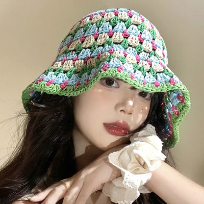 Colorful Dopamine French Hollow Straw Bucket Hat