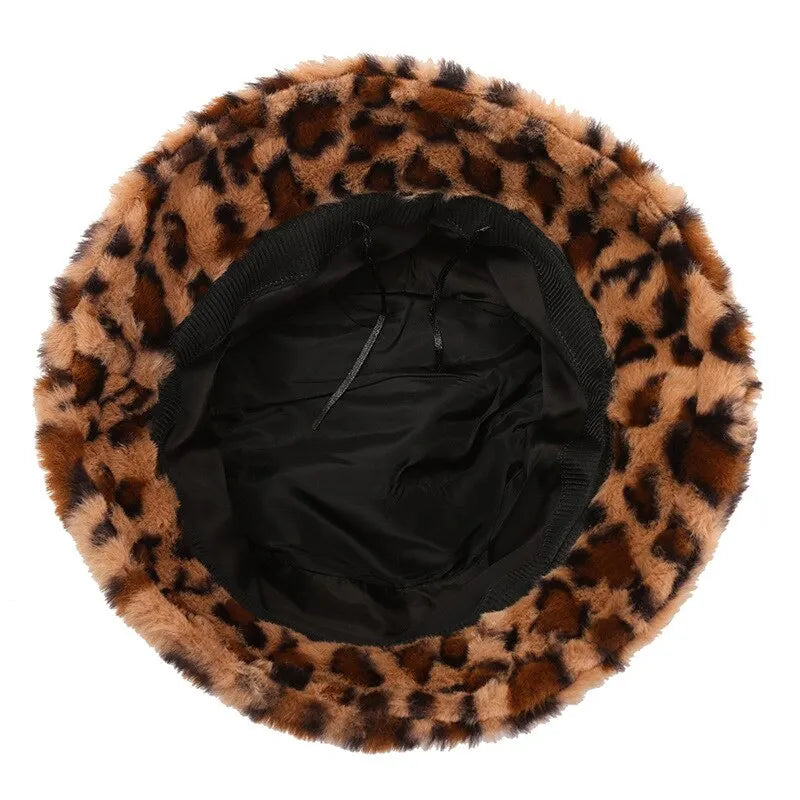 Leopard Print Plush Winter Fisherman Bucket Hat