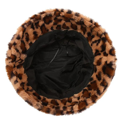 Leopard Print Plush Winter Fisherman Bucket Hat