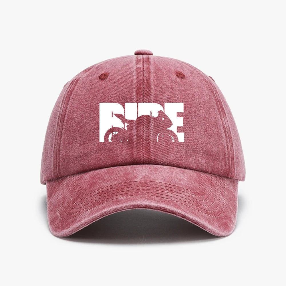 Vintage Motorcycle Print Washed Distressed Denim Baseball Cap