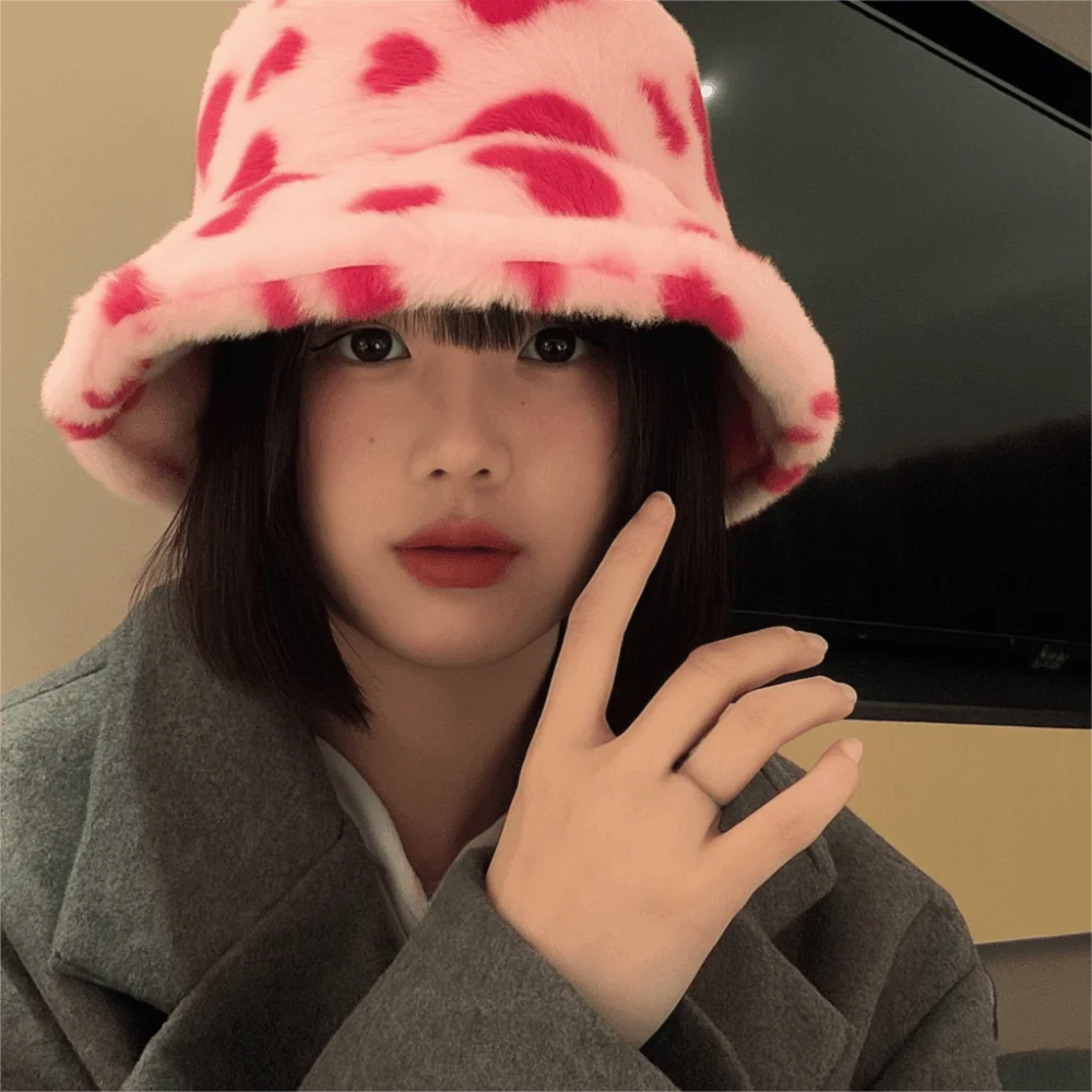 Cute Faux Fur Fluffy Love Heart Bucket Hat