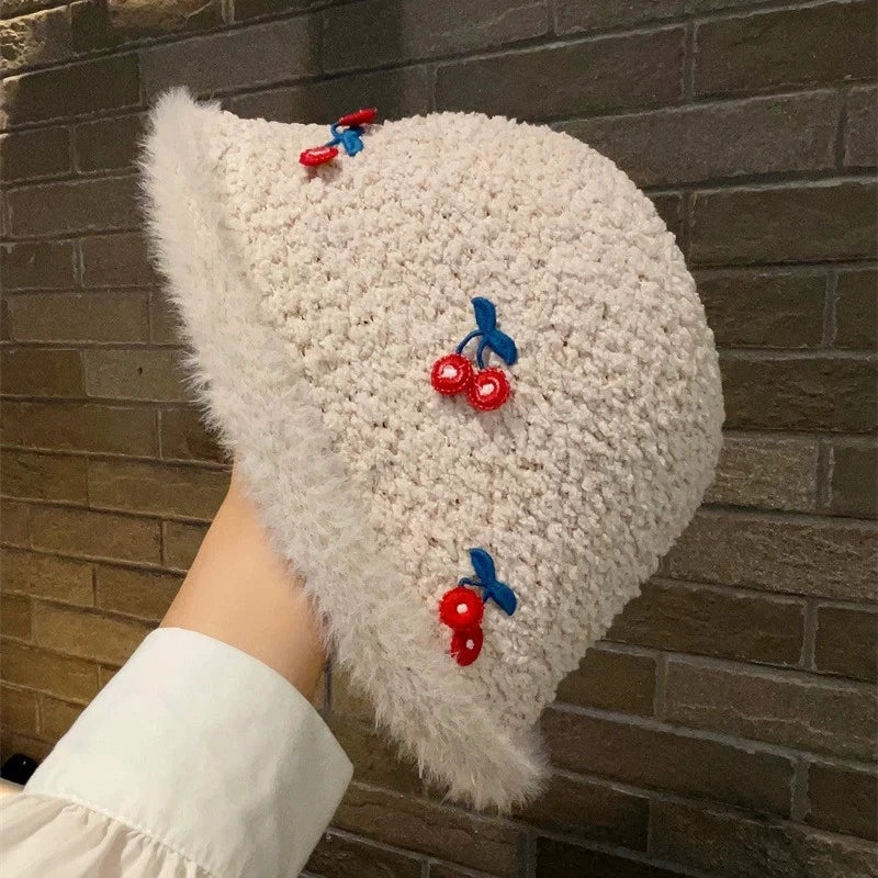 White Plush Cherry Winter Bucket Hat