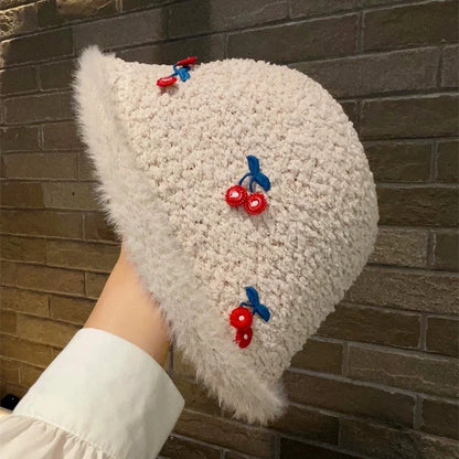 White Plush Cherry Winter Bucket Hat