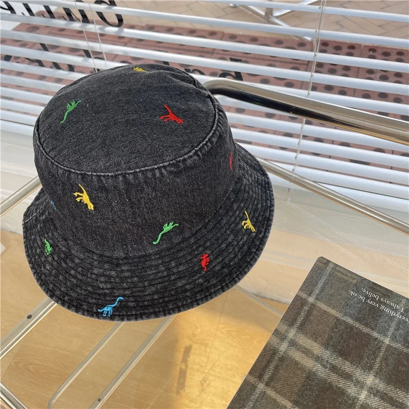 Denim Summer Cartoon Dinosaur Embroidery Bucket Hat