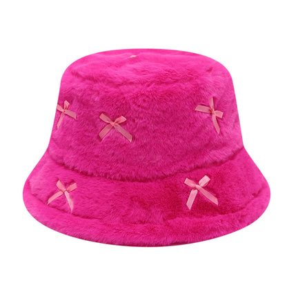 Literary Artistic Girlish Bow Plush Bucket Hat