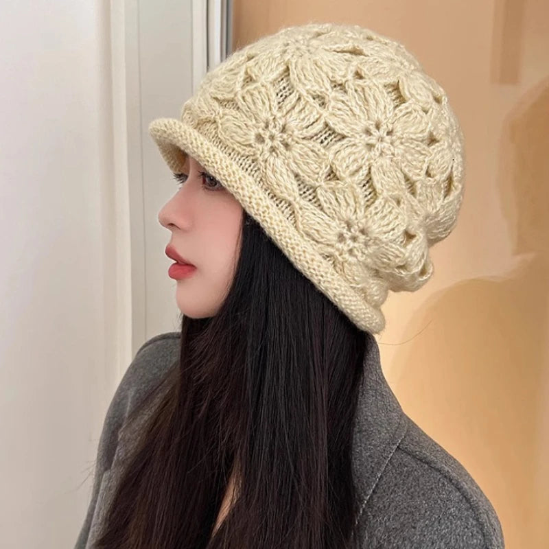 Korean Winter Handmade Floral Crochet Bucket Hat