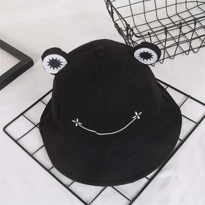 Cute Frog Embroidery Cotton Bucket Hat