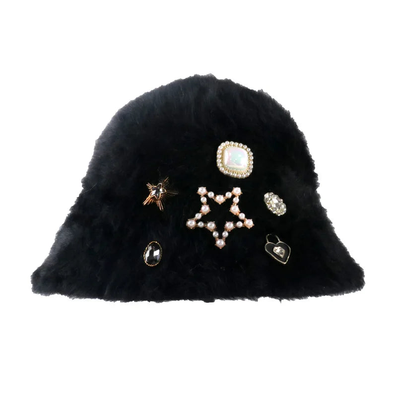 Rhinestone Sequined Rabbit Fur Knit Bucket Hat