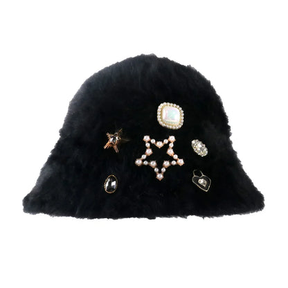 Rhinestone Sequined Rabbit Fur Knit Bucket Hat