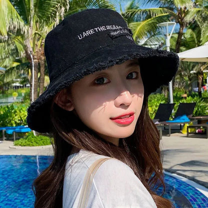 Solid Color Letter Embroidery Wide Brim Bucket Hat