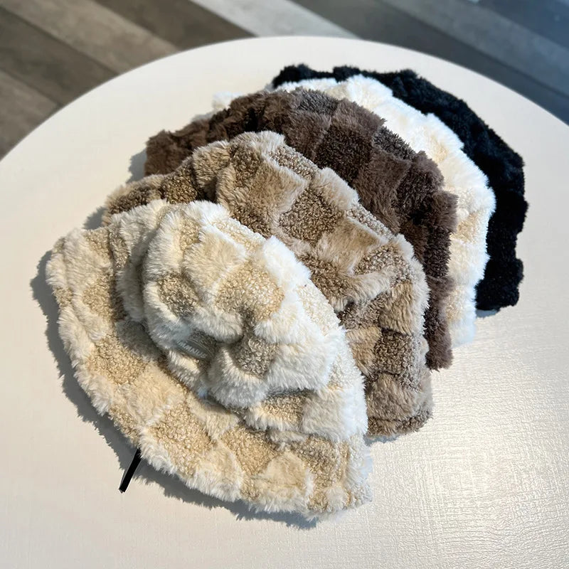 Lamb Plaid Velvet Winter Bucket Hat