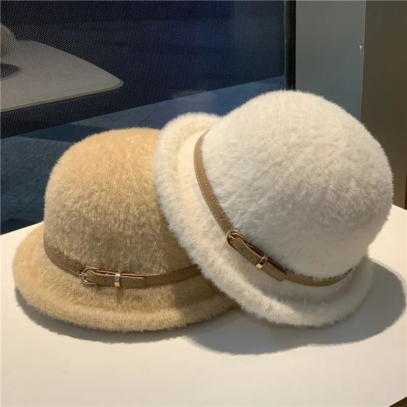 French Style Belt Buckle Wool Bucket Hat