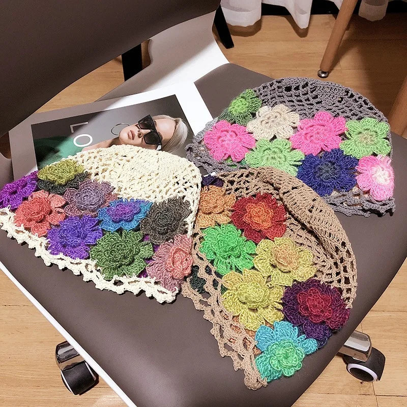 Artistic Colorful Flower Hollow Knitted Bucket Hat