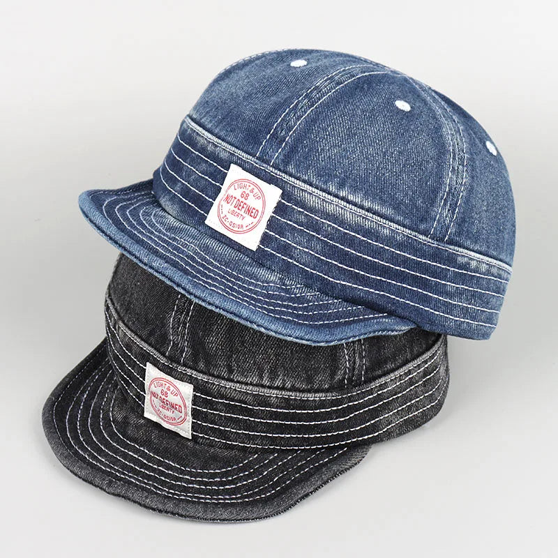 Korean Japanese Vintage Denim Short Brim Snapback Cap