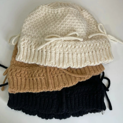 Korean Bow Decor Knit Bucket Hat