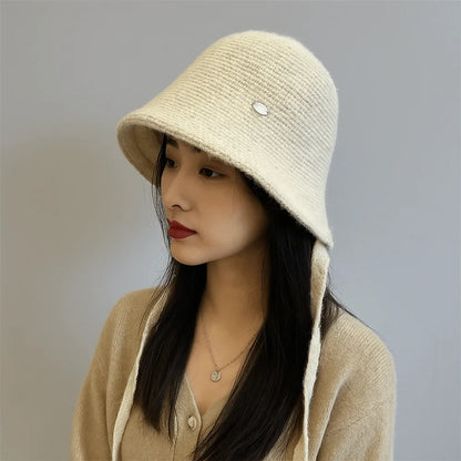 Wool Blend Rope Back Knitted Bucket Hat