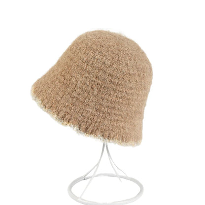 Autumn Winter Knitted Plush Warm Bucket Hat for Women