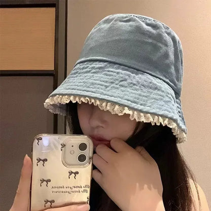 Lace Ruffle Denim Korean Wide Brim Bucket Hat