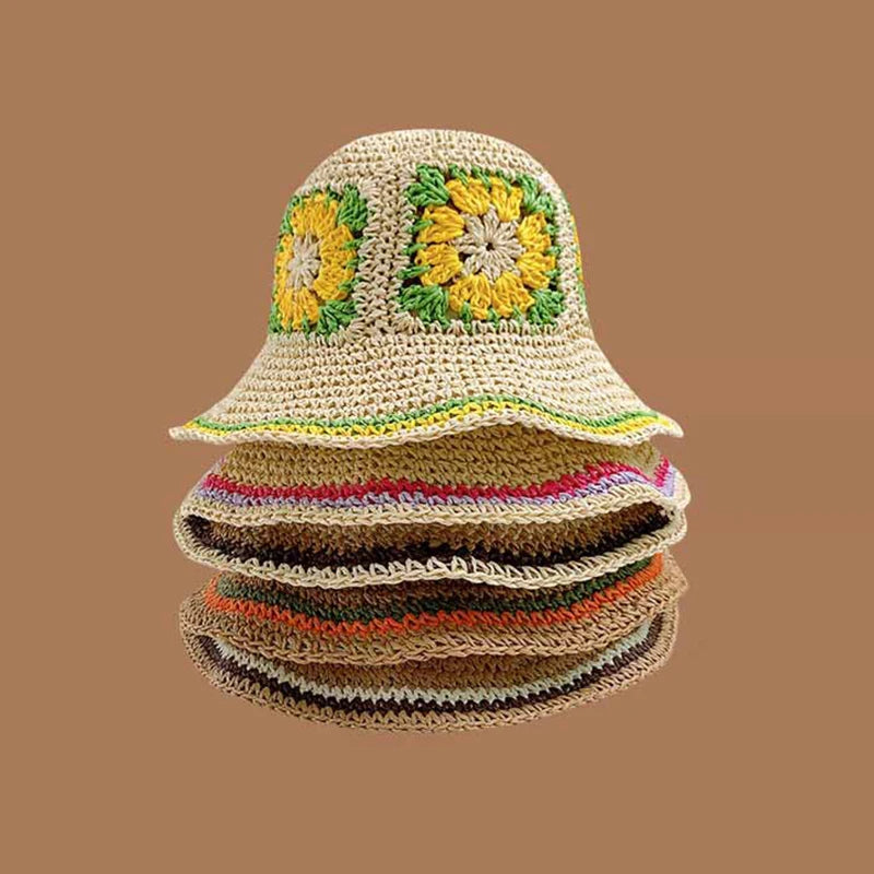 Spring Summer Hollow Crochet Straw Visor Bucket Hat