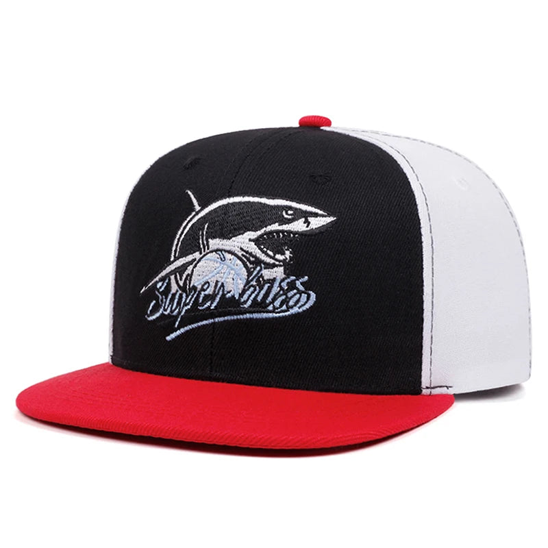 Creative Shark Embroidered Streetwear Flat Brim Snapback Cap
