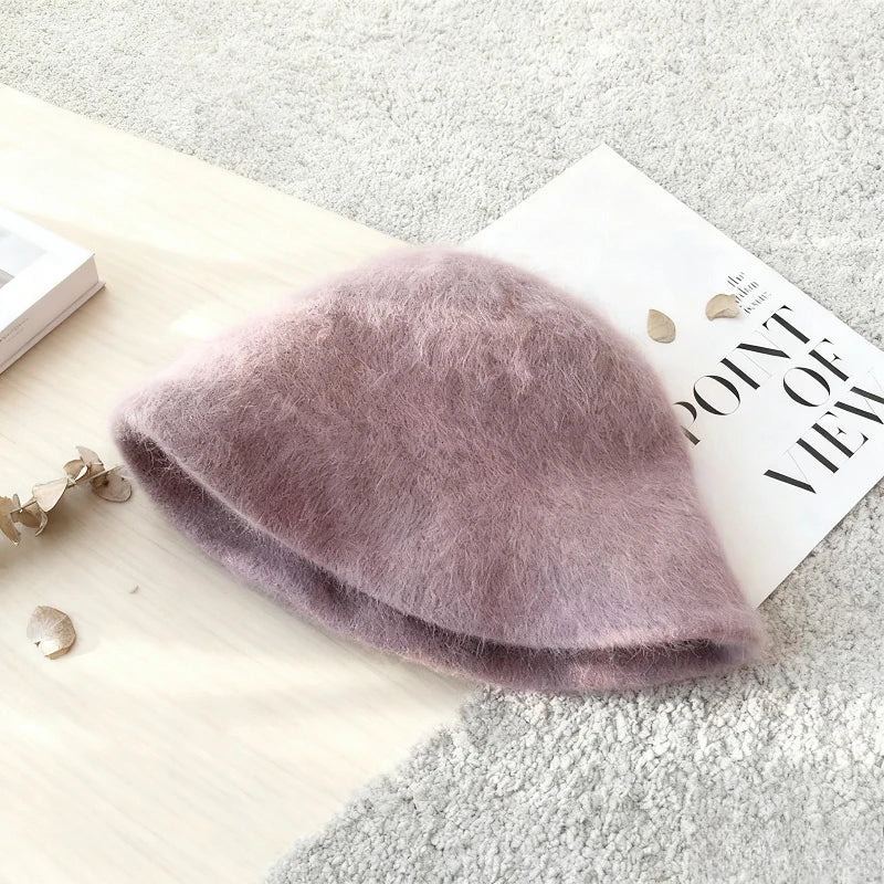 Korean Angora Rabbit Fur Winter Bucket Hat