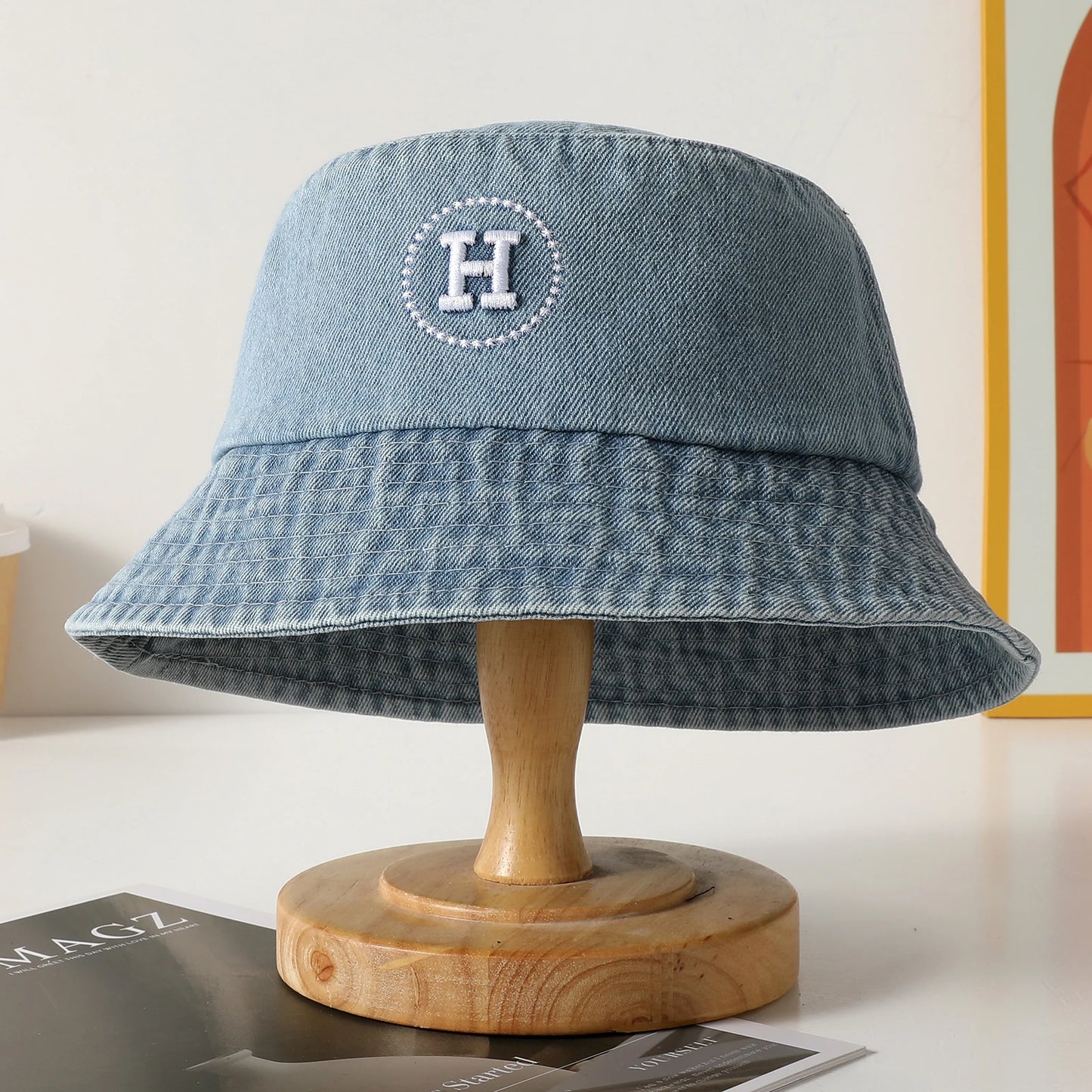 Korean Retro Letter Embroidered Denim Bucket Hat