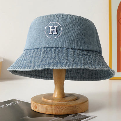 Korean Retro Letter Embroidered Denim Bucket Hat
