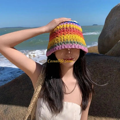 Summer Rainbow Color Crochet Sunshade Bucket Hat